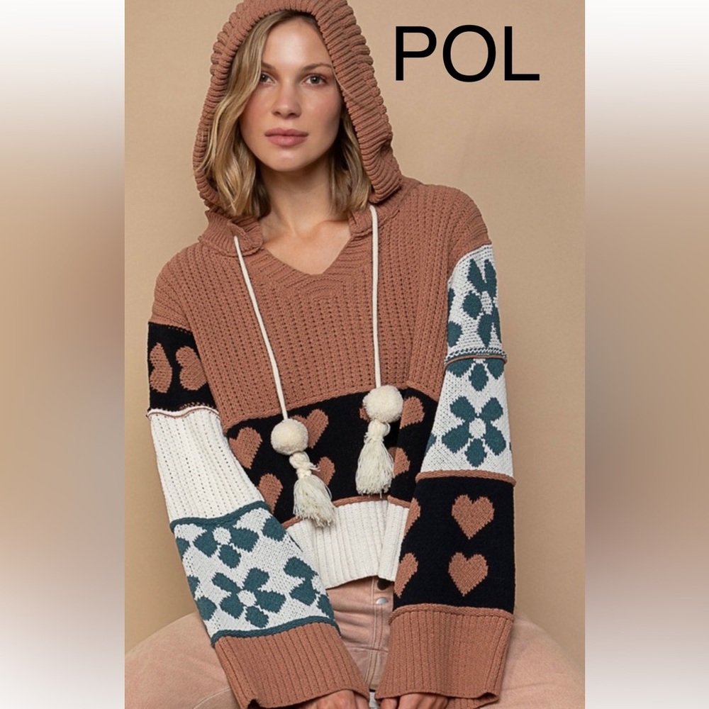 POL Women's V-Neck Hooded Sweater in Dusty Rose, Black, Cream, Teal; Size L; New